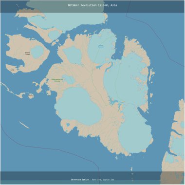 Kara Denizi 'ndeki Ekim Devrimi Adası, Rusya' ya ait, bir topoğrafik, OSM standart stil haritası üzerinde karelendi.