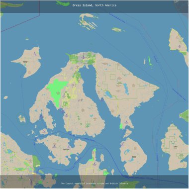 Güneydoğu Alaska ve British Columbia 'nın Sahil Suları' ndaki Orcas Adası, Amerika Birleşik Devletleri 'ne ait, bir topoğrafik, OSM standart haritası ile kareye eklendi.