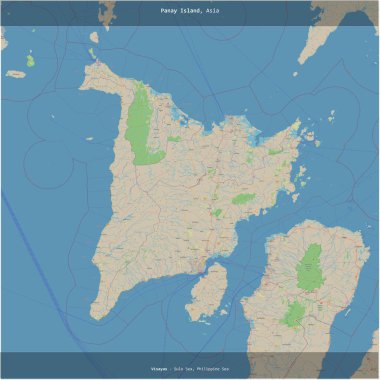 Panay Island in the Sulu Sea, belonging to Philippines, cropped to square on a topographic, OSM standard style map clipart