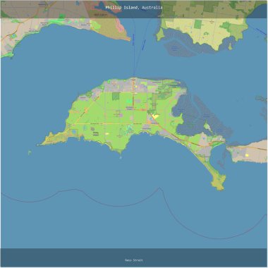 Bass Boğazı 'ndaki Phillip Adası, Avustralya' ya ait, bir topoğrafik, OSM standart stil haritası üzerinde karelenmiş.