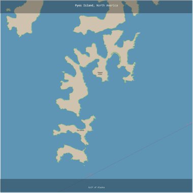 Alaska Körfezi 'ndeki Pyes Adası, Amerika Birleşik Devletleri' ne ait, bir topoğrafik, OSM standart haritası üzerine kesilmiş.