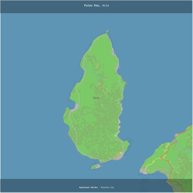 Molukka Denizi 'ndeki Pulau Rau, Endonezya' ya ait, bir topoğrafik, OSM standart haritası üzerinde karelendi