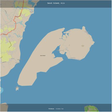 Celebes Denizi 'ndeki Sacol Adası, Filipinler' e ait, bir topoğrafik, OSM standart haritası üzerinde karelenmiş.