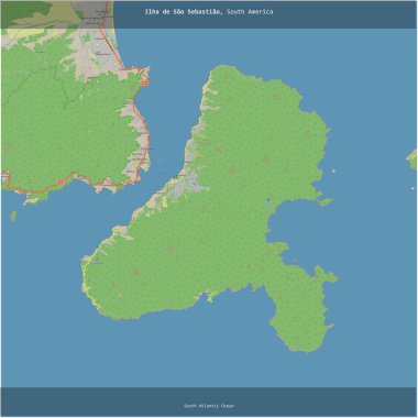Brezilya 'ya ait Güney Atlantik Okyanusu' ndaki Ilha de Sao Sebastiao, bir topoğrafik, OSM standart haritası üzerinde kare şeklinde kesilmiş.