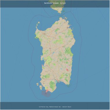 İtalya 'ya ait Tyrhenia Denizi' ndeki Sardunya Adası, OSM standart haritası üzerinde kare şeklinde kesilmiş.