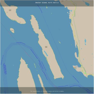 Güneydoğu Alaska ve Britanya Kolumbiyası 'nın Sahil Suları' ndaki Shelter Adası, ABD 'ye ait, bir topoğrafik, OSM standart haritası üzerine kesilmiş.