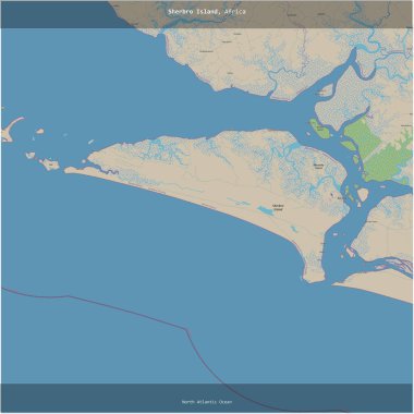 Sherbro Island in the North Atlantic Ocean, belonging to Sierra Leone, cropped to square on a topographic, OSM standard style map clipart