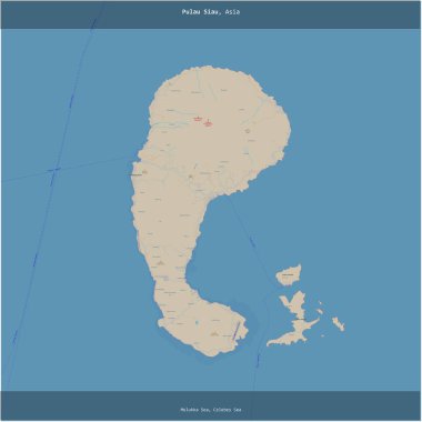 Pulau Siau in the Molukka Sea, belonging to Indonesia, cropped to square on a topographic, OSM standard style map clipart