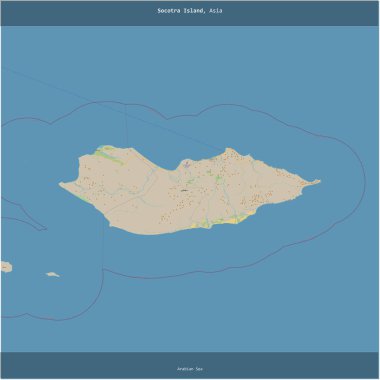 Arap Denizi 'ndeki Socotra Adası, Yemen' e ait, bir topoğrafik, OSM standart haritası üzerine kesilmiş.