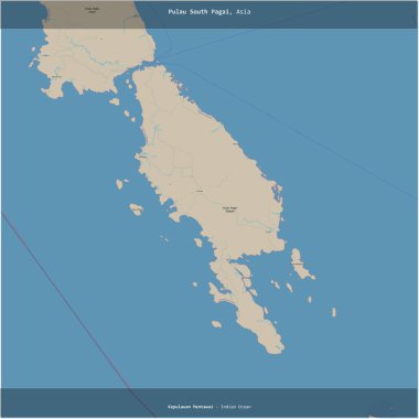 Hint Okyanusu 'ndaki Pulau Güney Pagai, Endonezya' ya ait, OSM standart haritası üzerinde kare şeklinde kesilmiş.