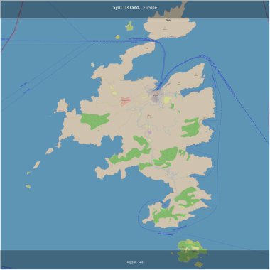 Yunanistan 'a ait Ege Denizi' ndeki Symi Adası, bir topoğrafik, OSM standart stil haritası üzerinde karelendi