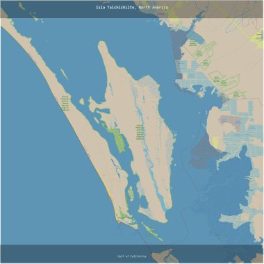 California Körfezi 'ndeki Talchichilte Adası, Meksika' ya ait, bir topoğrafik, OSM standart haritası üzerinde kesilmiş.