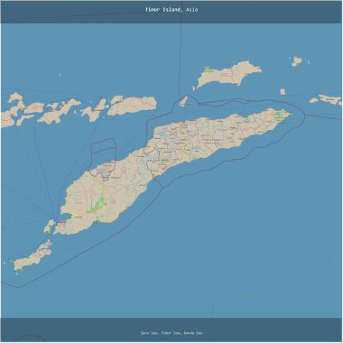 Savu Denizi 'ndeki Timor Adası, Doğu Timor, Endonezya arasında paylaşılan, bir topoğrafik, OSM standart haritası üzerinde karelenmiştir.