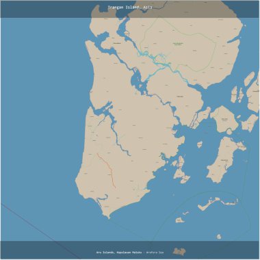 Endonezya 'ya ait Arafura Denizi' ndeki Trangan Adası, bir topoğrafik, OSM standart haritası üzerinde karelenmiştir.