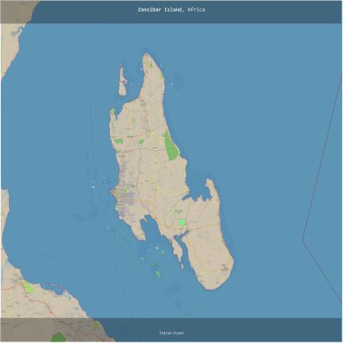 Hint Okyanusu 'ndaki Zanzibar Adası, Tanzanya' ya ait, bir topoğrafik, OSM standart haritası üzerinde karelenmiş.