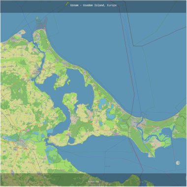 Uznam - Baltık Denizi 'ndeki Kullanım Adası, Polonya, Almanya arasında paylaşılan, bir topoğrafi, OSM standart haritası üzerinde karelendi