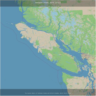 Kuzey Pasifik Okyanusu 'ndaki Vancouver Adası, Kanada' ya ait, bir topoğrafik, OSM standart haritası üzerine kesilmiş.