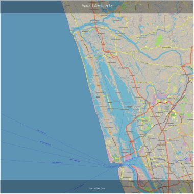 Hindistan 'a ait Laccadiv Denizi' ndeki Vypin Adası, bir topoğrafik, OSM standart haritası üzerinde kesilerek