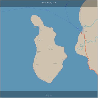 Banda Denizi 'ndeki Pulau Wetan, Endonezya' ya ait, bir topoğrafik, OSM standart haritası üzerinde karelendi