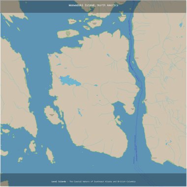 Güneydoğu Alaska ve Britanya Kolumbiyası 'nın Kıyı Suları' ndaki Woewodski Adası, ABD 'ye ait, bir topoğrafik, OSM standart haritası üzerinde kare şeklinde kesilmiş.