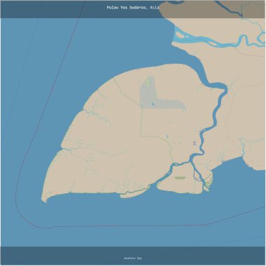 Endonezya 'ya ait Arafura Denizi' nde bulunan Pulau Yos Sudarso, OSM standart haritası üzerinde kare şeklinde kesilmiş.