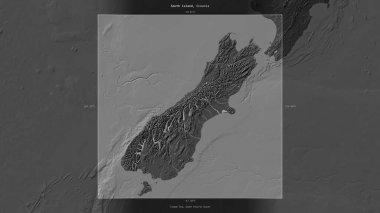 Tasman Denizi 'ndeki Güney Adası, Yeni Zelanda' ya ait, bir bileklik yükseklik haritasında tanımlandı ve vurgulandı