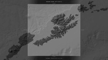 Unalaska Island in the Bering Sea, belonging to United States, described and highlighted on a bilevel elevation map clipart