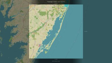 Amerika Birleşik Devletleri 'ne ait Kuzey Atlantik Okyanusu' ndaki Assateague Adası, bir topoğrafik, OSM İnsani Yardım Stili haritasında tanımlandı ve vurgulandı.