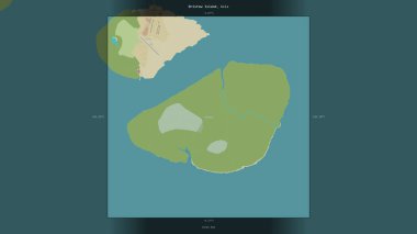 Bristow Island in the Coral Sea, belonging to Papua New Guinea, described and highlighted on a topographic, OSM Humanitarian style map clipart