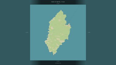 Isola di Capraia in the Tyrrhenian Sea, belonging to Italy, described and highlighted on a topographic, OSM Humanitarian style map clipart