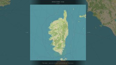 Corsica Island in the Ligurian Sea, belonging to France, described and highlighted on a topographic, OSM Humanitarian style map clipart