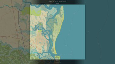 Cumberland Island in the North Atlantic Ocean, belonging to United States, described and highlighted on a topographic, OSM Humanitarian style map clipart