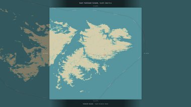 Falkland Adalarına ait Güney Atlantik Okyanusu 'ndaki Doğu Falkland Adası, bir topoğrafi, OSM İnsani Yardım Stili haritasında tanımlanmış ve vurgulanmıştır.