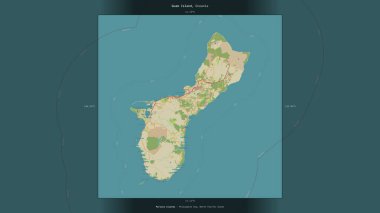 Filipin Denizi 'ndeki Guam Adası, ABD' ye ait, bir topoğrafik, OSM İnsani Stil Haritası 'nda tanımlanmış ve vurgulanmıştır.