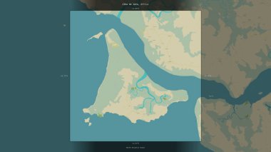 Ilha de Jeta in the North Atlantic Ocean, belonging to Guinea-Bissau, described and highlighted on a topographic, OSM Humanitarian style map clipart