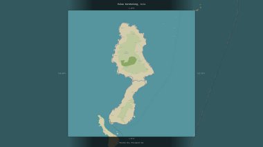 Pulau Karakelong in the Molukka Sea, belonging to Indonesia, described and highlighted on a topographic, OSM Humanitarian style map clipart