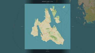 Yunanistan 'a ait İyon Denizi' ndeki Kefalonia Adası, bir topoğrafik, OSM İnsani Yardım Stili haritasında tanımlandı ve vurgulandı
