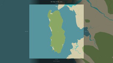 Koh Kong Island in the Gulf of Thailand, belonging to Cambodia, described and highlighted on a topographic, OSM Humanitarian style map clipart