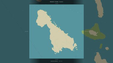 Vanuatu 'ya ait Mercan Denizi' ndeki Malakula Adası, bir topoğrafik, OSM İnsani Yardım Stili haritasında tanımlanmış ve vurgulanmıştır.