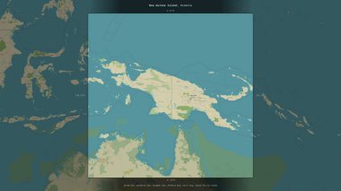 New Guinea Island in the Ceram Sea, shared between: Papua New Guinea, Indonesia, described and highlighted on a topographic, OSM Humanitarian style map clipart