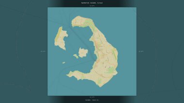 Yunanistan 'a ait Ege Denizi' ndeki Santorini Adası, bir topoğrafik, OSM İnsani Yardım Stili haritasında tanımlandı ve vurgulandı