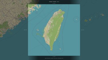 Taiwan Island in the Philippine Sea, belonging to Taiwan, described and highlighted on a topographic, OSM Humanitarian style map clipart