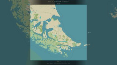 Tierra del Fuego Island in the South Pacific Ocean, shared between: Chile, Argentina, described and highlighted on a topographic, OSM Humanitarian style map clipart