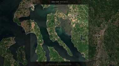 Camano Island in the The Coastal Waters of Southeast Alaska and British Columbia, belonging to United States, described and highlighted on a satellite image taken in July 24, 2021 clipart