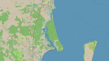 Bribie Island in the Coral Sea on a topographic, OSM standard style map clipart