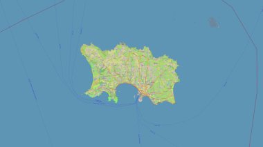 Jersey Island in the English Channel on a topographic, OSM standard style map clipart