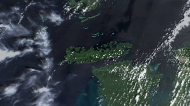 Halmahera Denizi 'ndeki Pulau Batanta. 12 Şubat 2019' da çekilmiş bir uydu görüntüsü.