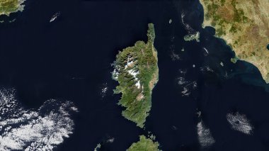 Ligurian Denizi 'ndeki Korsika Adası. 15 Aralık 2023' te çekilmiş bir uydu görüntüsü.