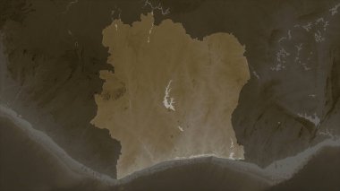 Ivory Coast highlighted on a elevation map colored in sepia tones with lakes and rivers clipart