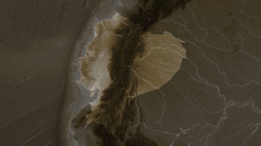 Ekvador, sepia tonlarında göller ve nehirlerle renklendirilmiş bir yükseklik haritasına vurgulandı